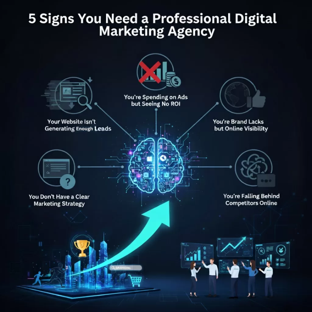 An infographic illustrating the "5 Signs You Need a Professional Digital Marketing Agency", with icons representing challenges like 'Your Website Isn't Generating Enough Leads' and 'Spending on Ads but Seeing No ROI'